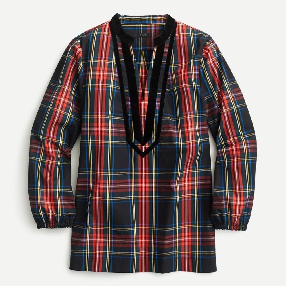 New Velvet Trimmed Tartan Plaid Tunic Top